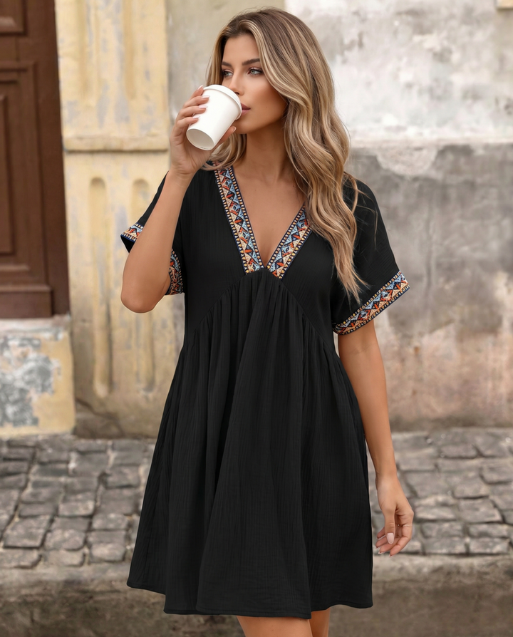 Black Ethnic Embroidered V Neck Short Sleeve Swing Mini Dress