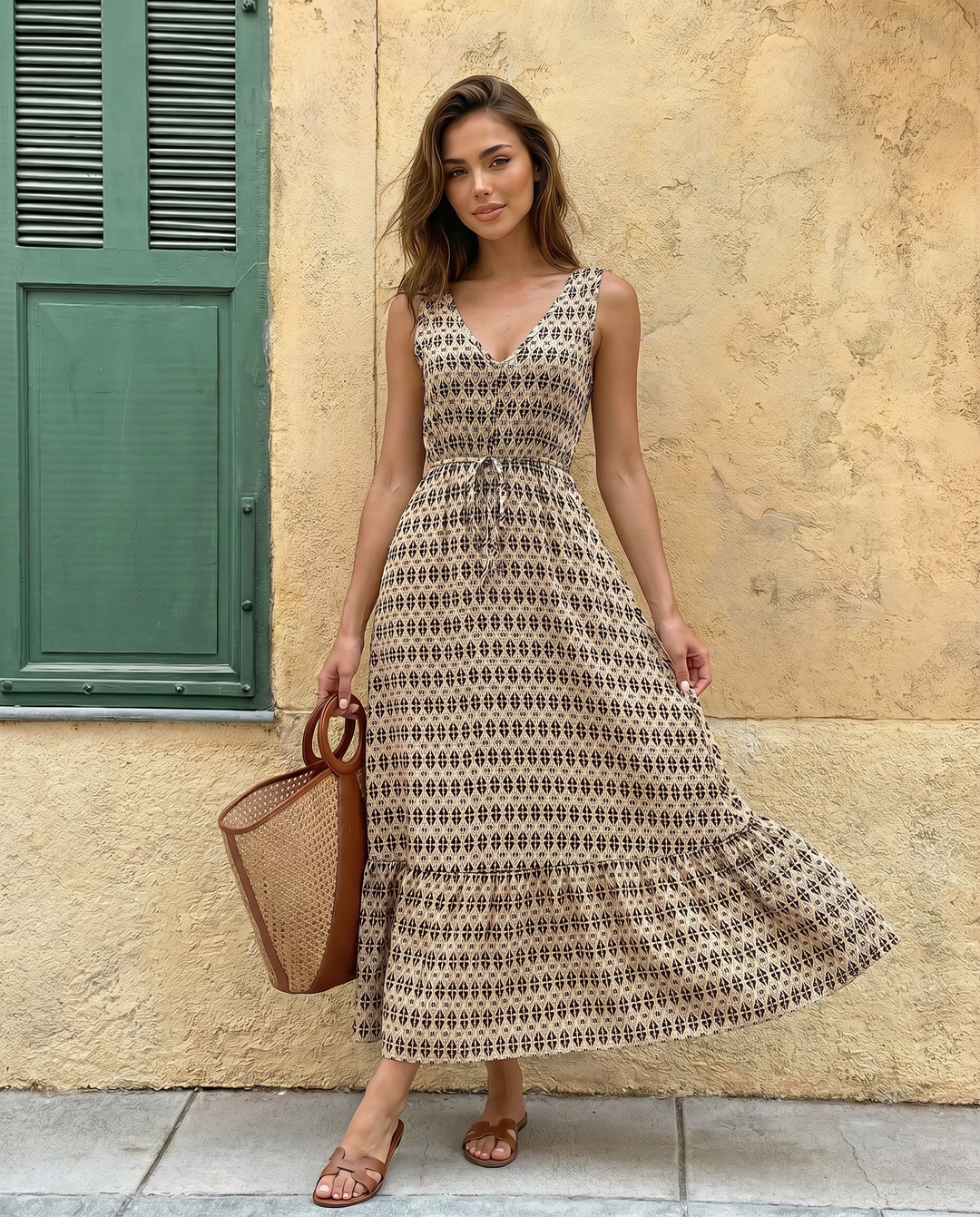 SOLACE  Beige Geometric Print Sleeveless Maxi Dress 