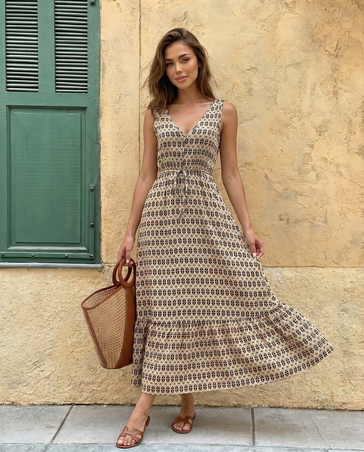 SOLACE  Beige Geometric Print Sleeveless Maxi Dress 