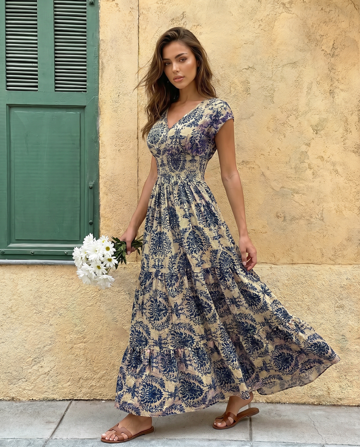 SOLACE  Beige Navy Floral V-Neck Cap Sleeve Smocked Tiered Maxi Dress 