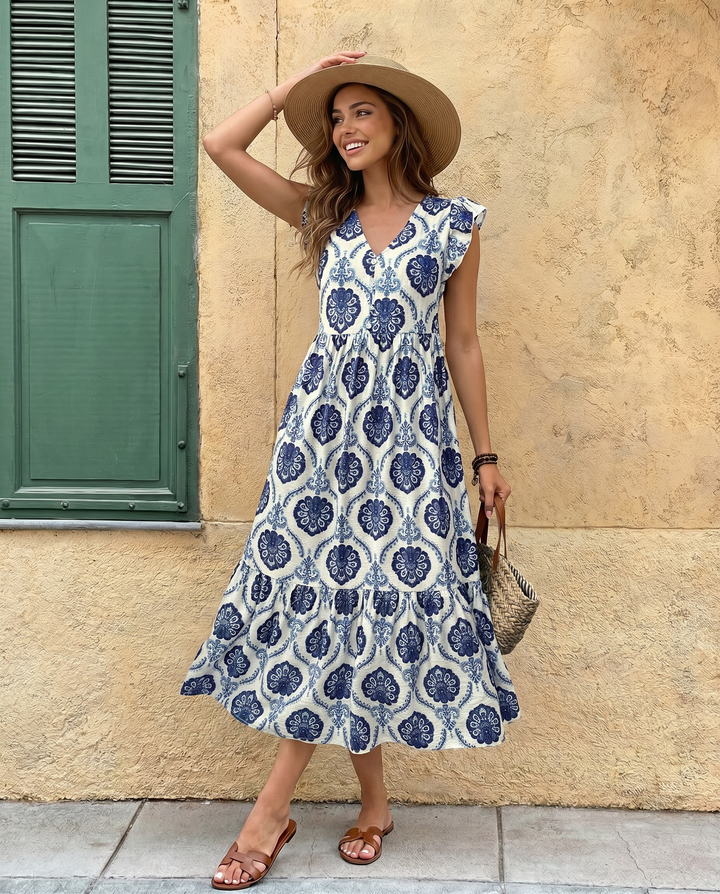 SOLACE  White Blue Floral Print Ruffle Sleeve Midi Dress 