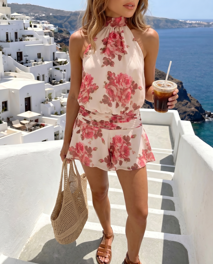 SOLACE  Pink Rose Print Halter Neck Mini Dress 
