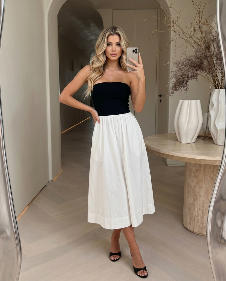 Black White Color Block Strapless Elastic Waist Flared Midi Dress