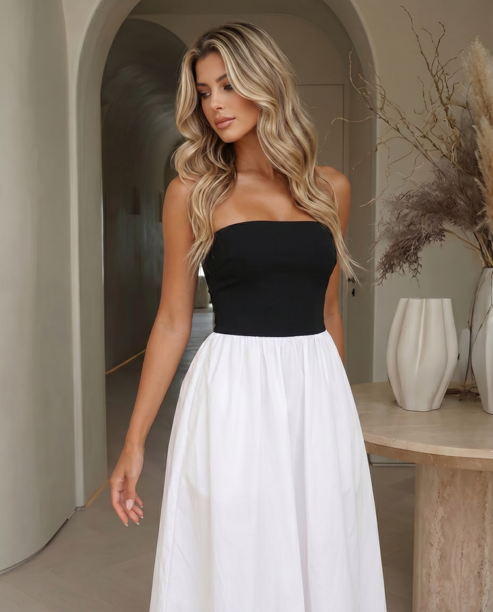 Black White Color Block Strapless Elastic Waist Flared Midi Dress