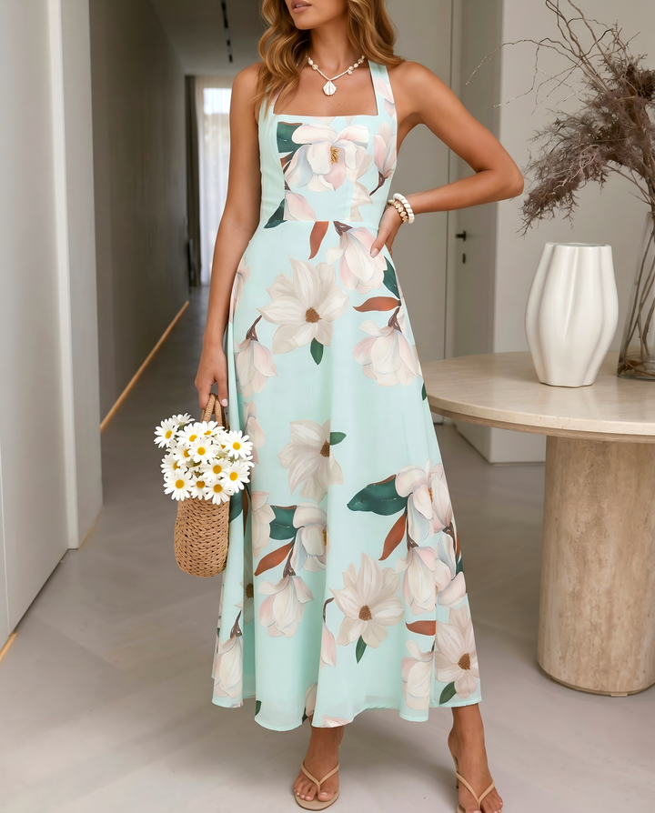 SOLACE  Mint Green Magnolia Floral Halter Square Neck Midi Dress 