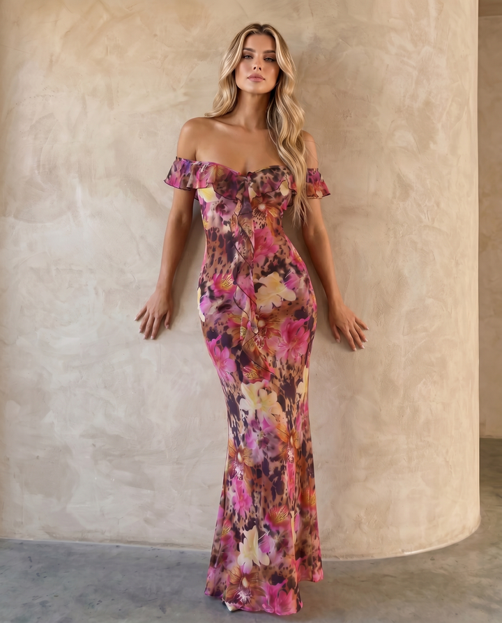 SOLACE  Floral Print Off Shoulder Ruffle Mermaid Maxi Dress 