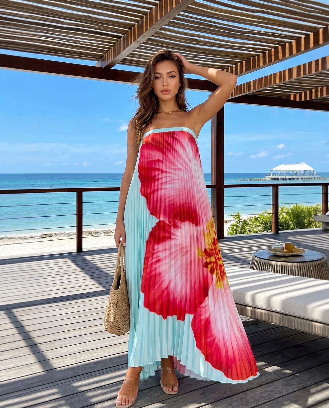 Blue Big Floral Print Strapless Pleated Maxi Dress