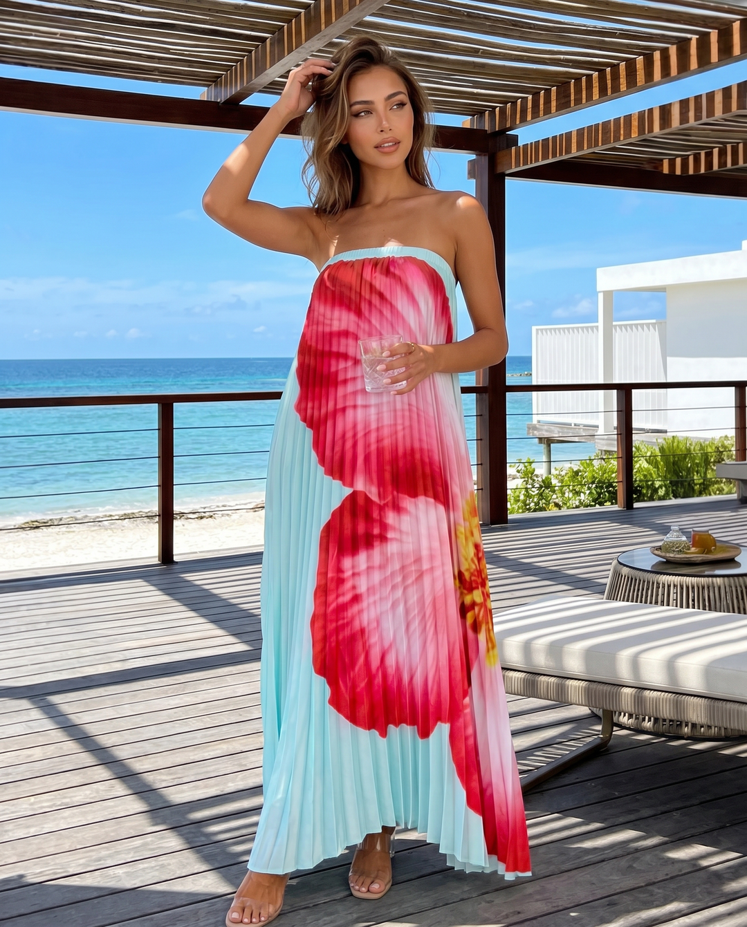 Blue Big Floral Print Strapless Pleated Maxi Dress