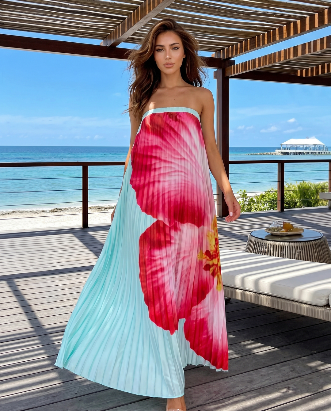 Blue Big Floral Print Strapless Pleated Maxi Dress