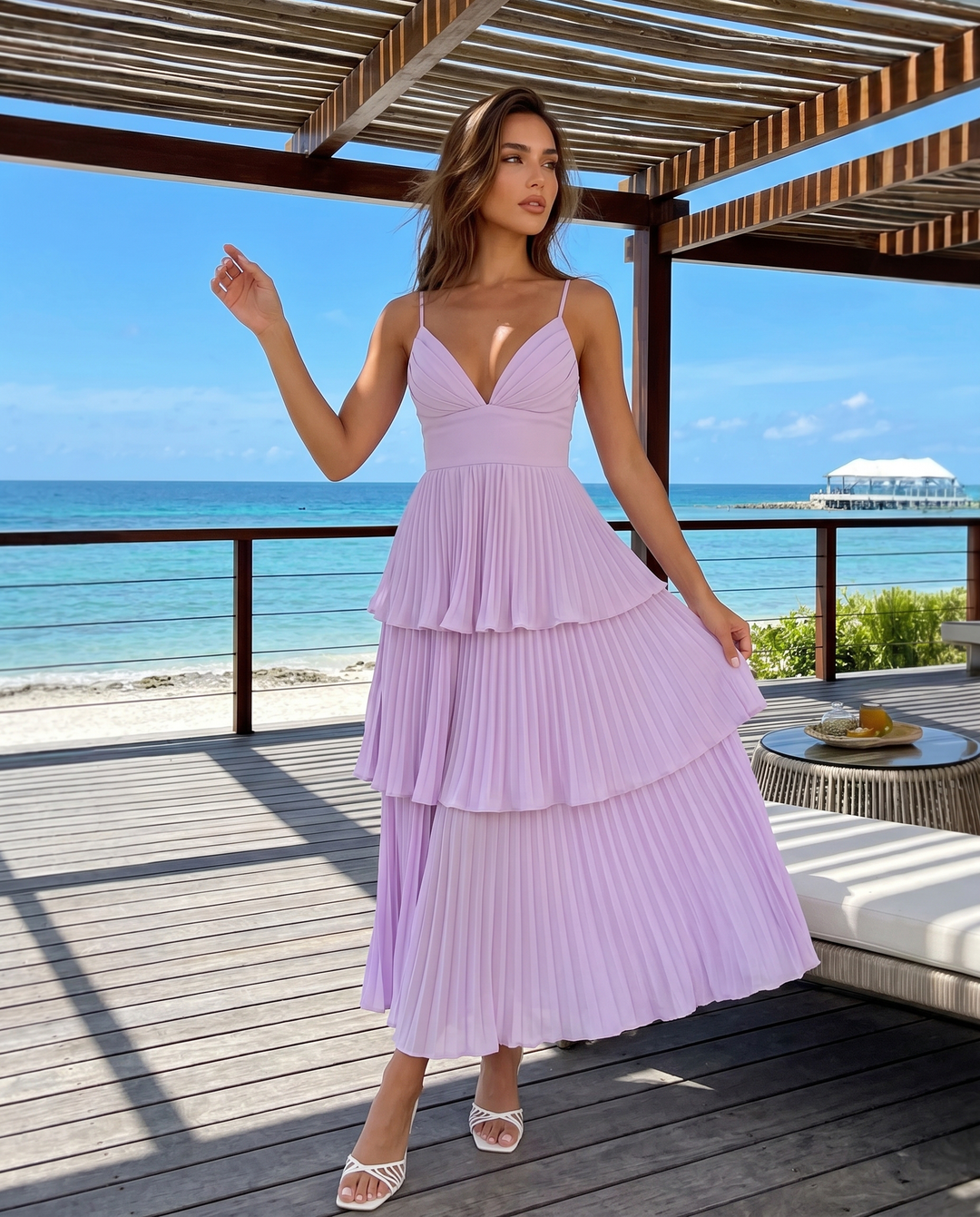 SOLACE  Lavender Pleated Tiered Spaghetti Strap Maxi Dress 