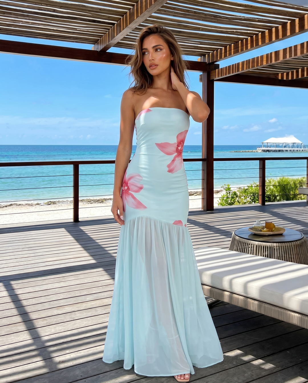 SOLACE  Light Blue Floral Asymmetrical Chiffon Maxi Dress 