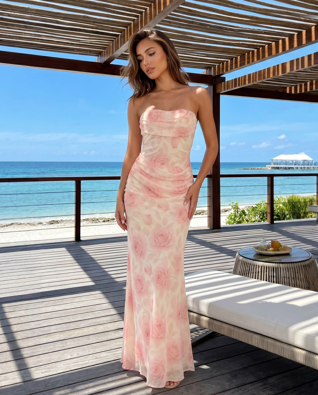 SOLACE  Pink Rose Print Strapless Ruched Mermaid Maxi Dress 