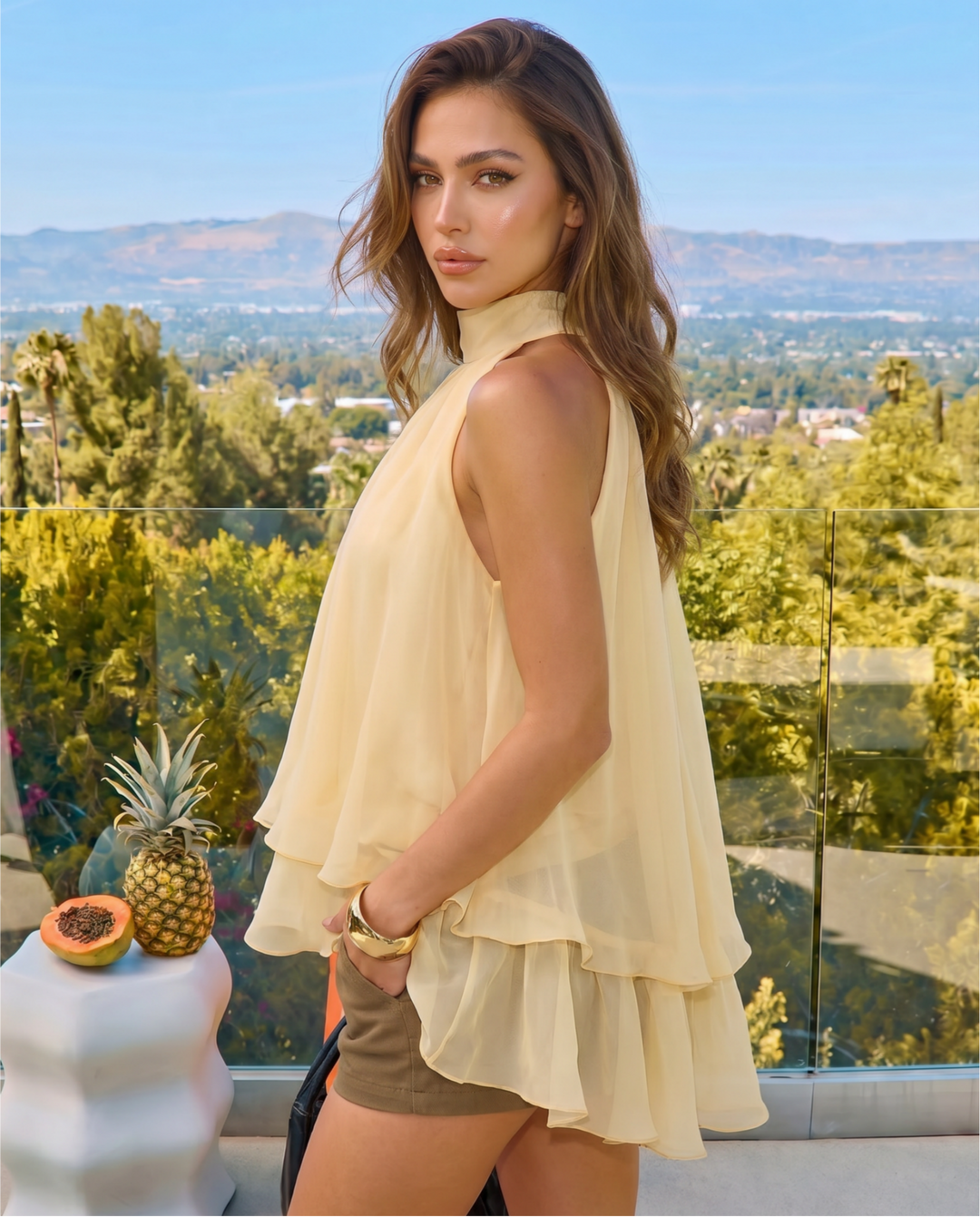 Yellow Double Layer High Neck Halter Sleeveless Blouse Top