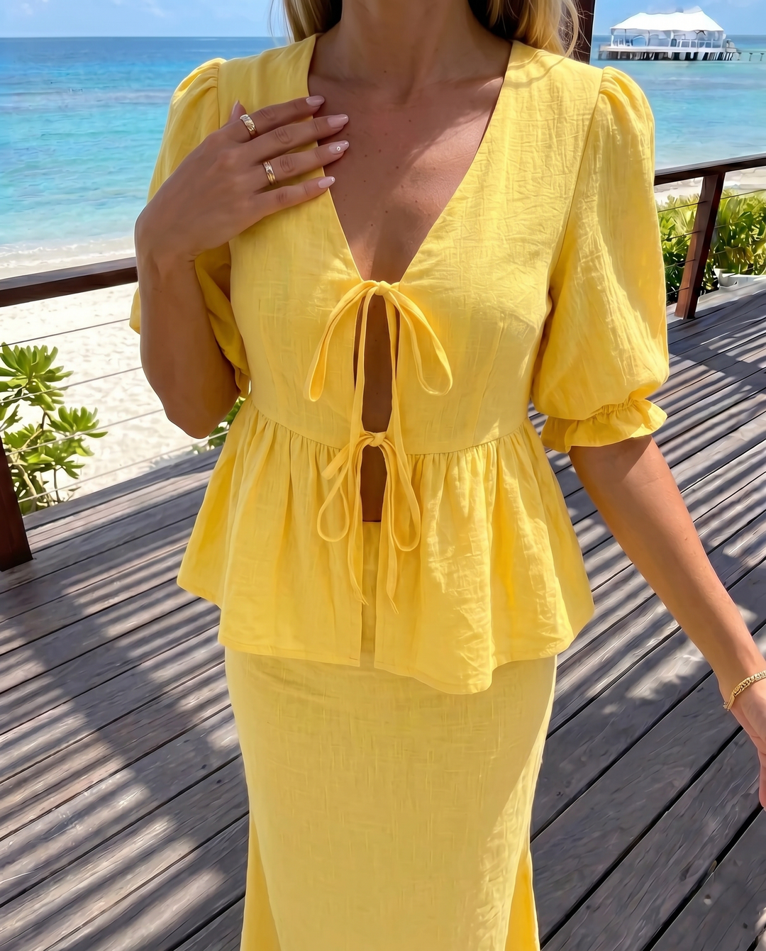 Yellow V Neck Double Front Tie Puff Sleeve Top Midi Skirt Two Piece Set