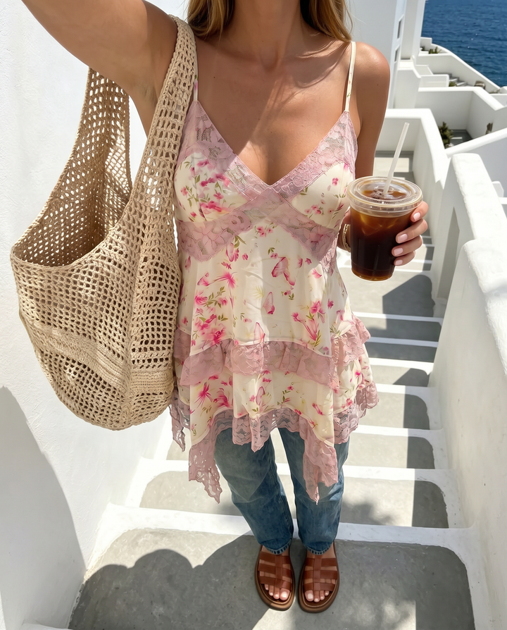 Cream Pink Floral Lace Ruffle Tiered Cami Peplum Top