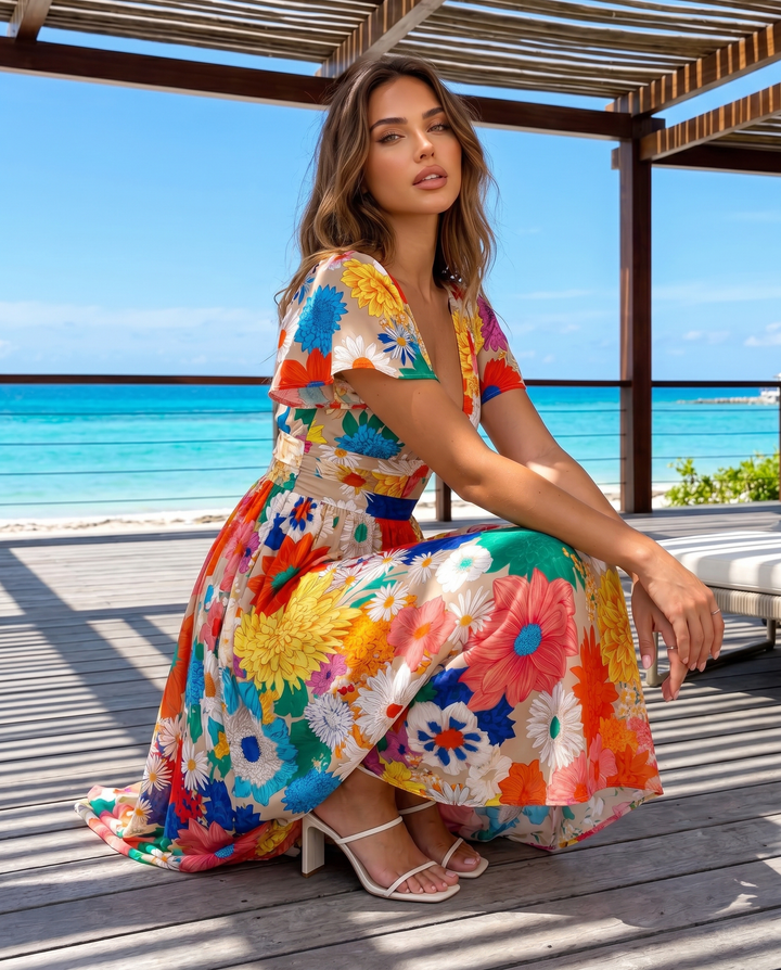 Multicolor Floral Print Deep V Neck Flutter Sleeve Midi Dress