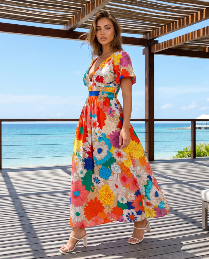 Multicolor Floral Print Deep V Neck Flutter Sleeve Midi Dress