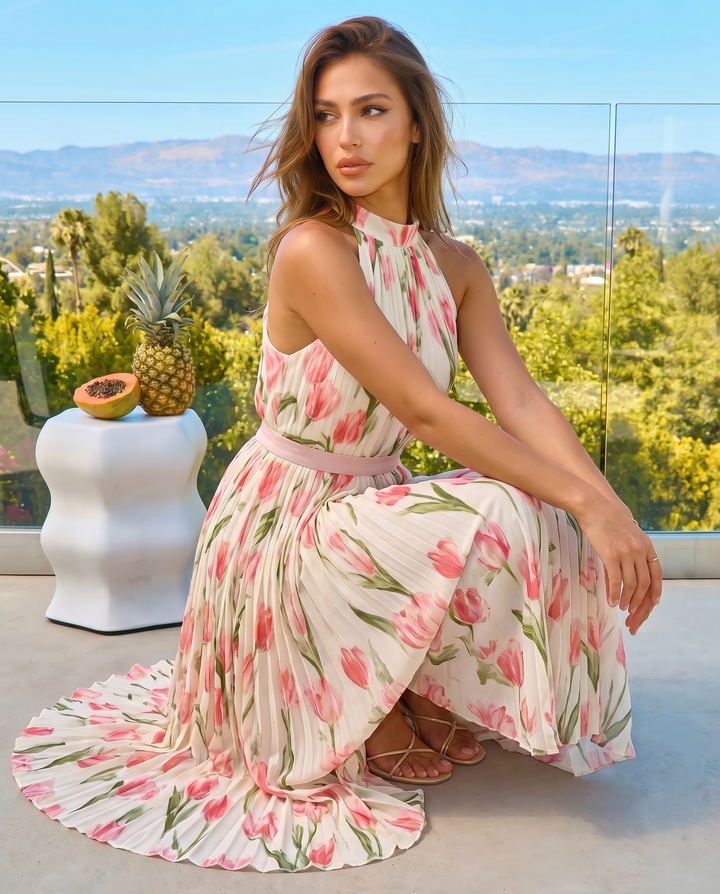 Pink Tulip Print High Neck Halter Pleated Midi Dress
