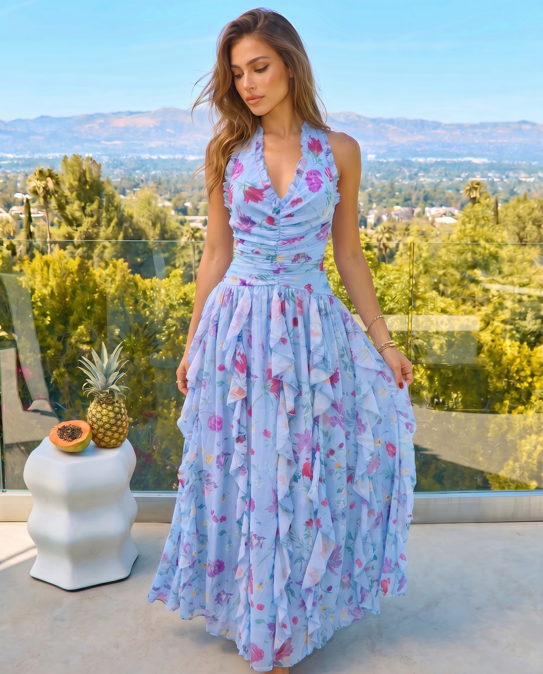 Blue Multicolor Floral Print Halter Neck Tiered Ruffled Maxi Dress