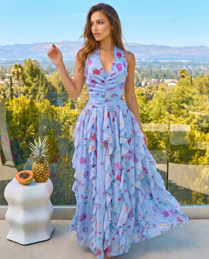 Blue Multicolor Floral Print Halter Neck Tiered Ruffled Maxi Dress