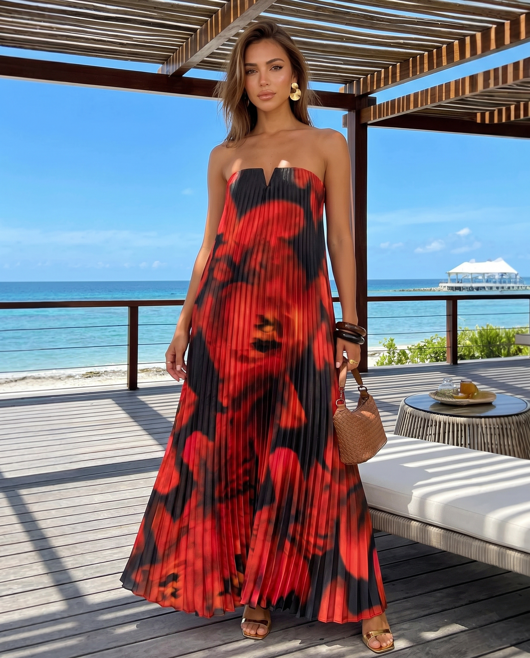 Black Red Floral Print Strapless Notched Tube Pleated Midi Dress