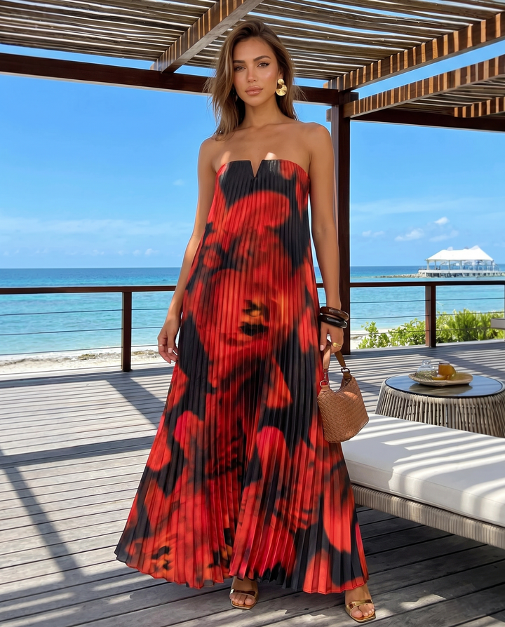 Black Red Floral Print Strapless Notched Tube Pleated Midi Dress