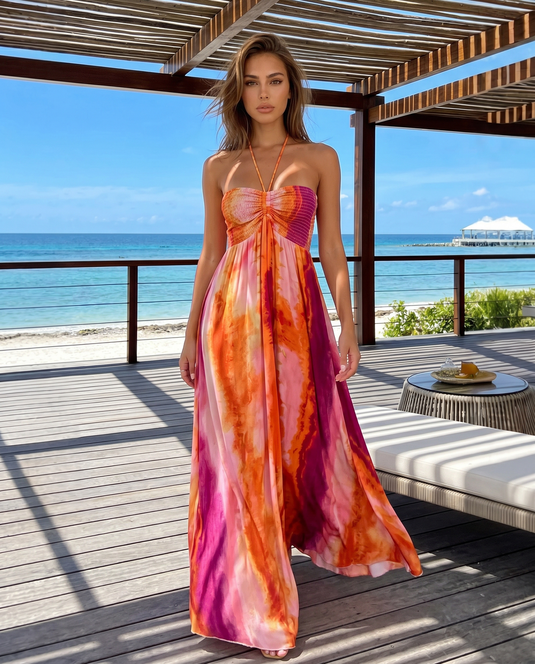 Orange Tie Dye Halter Smocked Bust Flowy Maxi Dress
