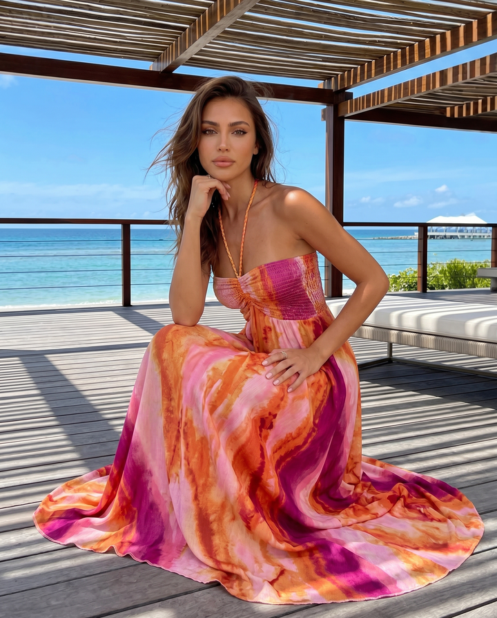 Orange Tie Dye Halter Smocked Bust Flowy Maxi Dress