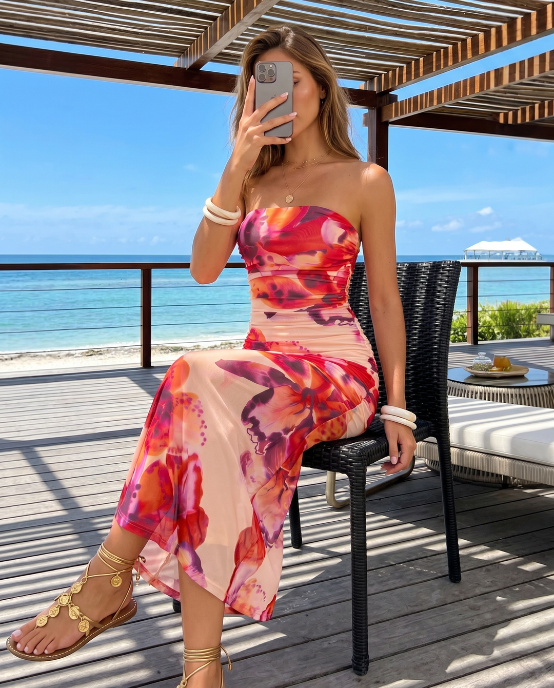 Pink Base Red Orange Floral Strapless Midi Dress