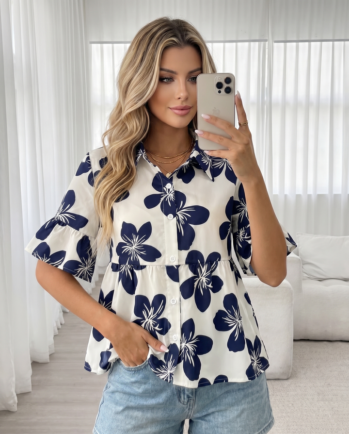 White Navy Hibiscus Floral Ruffle Short Sleeve Peplum Shirt