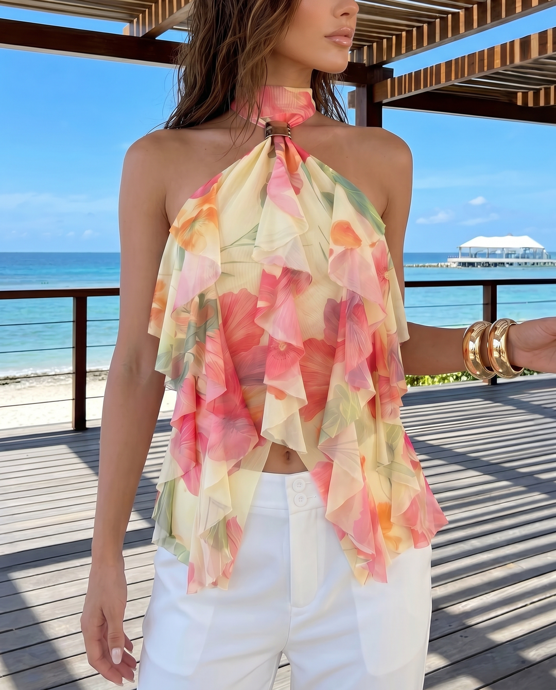 Yellow Pink Floral Print Metal Buckle Halter Ruffle Tank Top