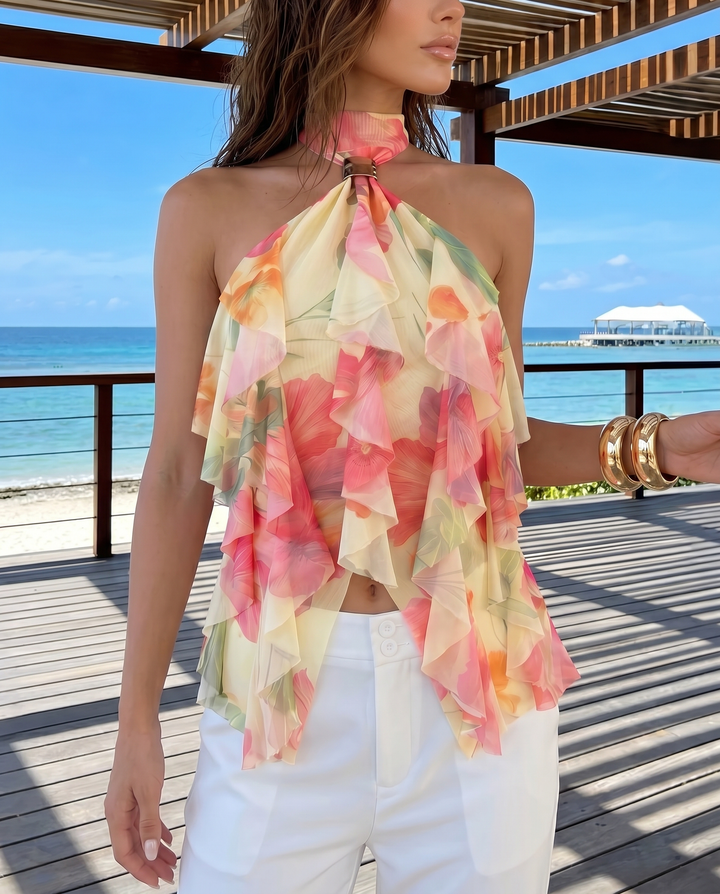 Yellow Pink Floral Print Metal Buckle Halter Ruffle Tank Top