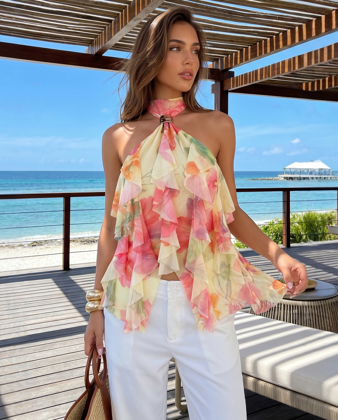 Yellow Pink Floral Print Metal Buckle Halter Ruffle Tank Top