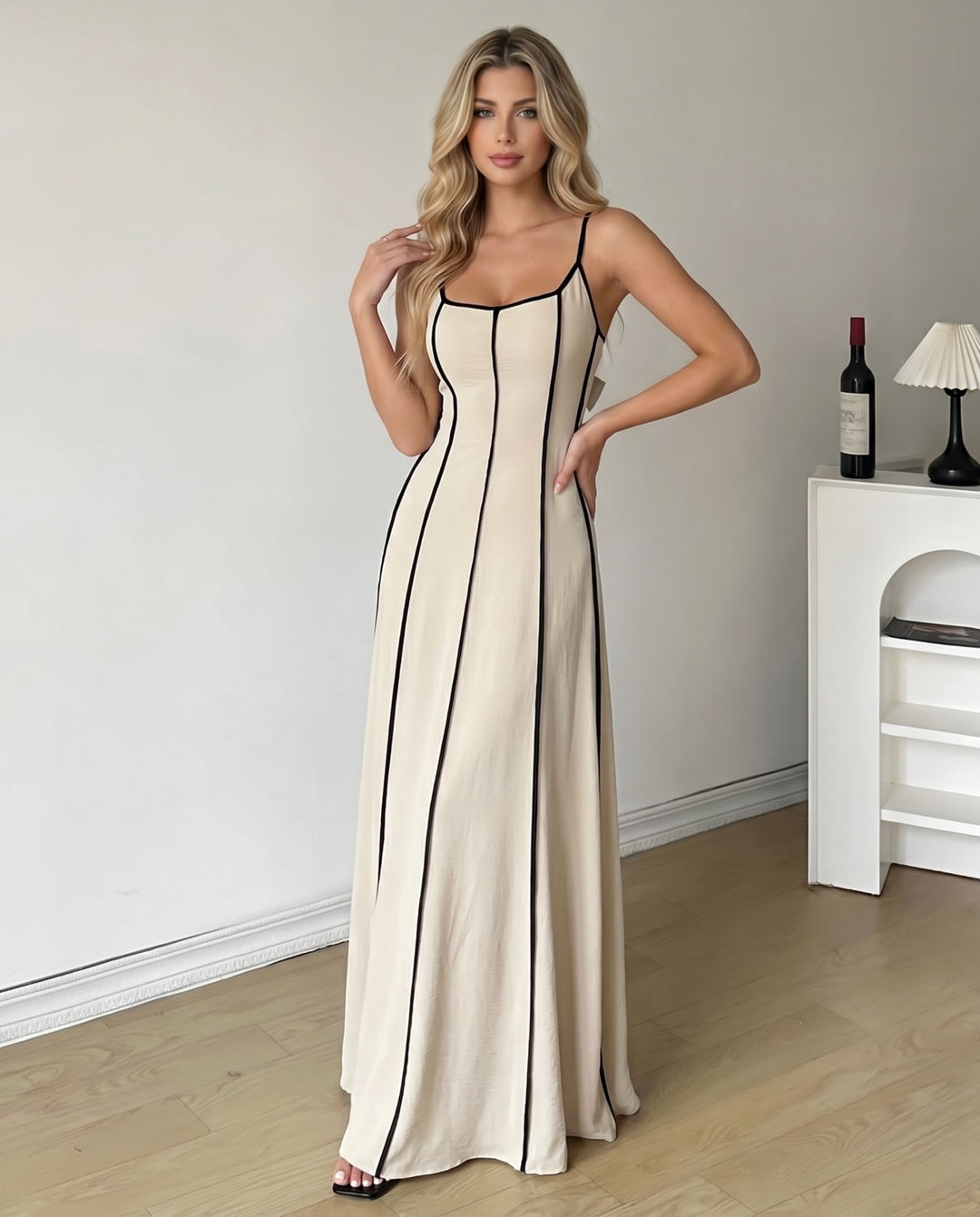 SOLACE  Cream Black Contrast Piping Spaghetti Strap Maxi Dress 
