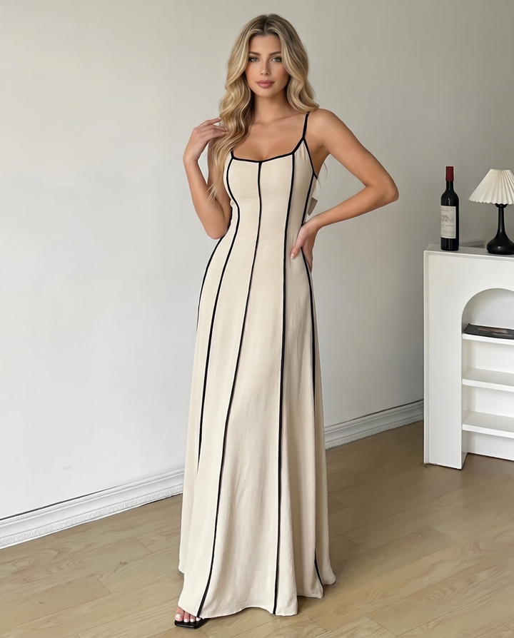 SOLACE  Cream Black Contrast Piping Spaghetti Strap Maxi Dress 