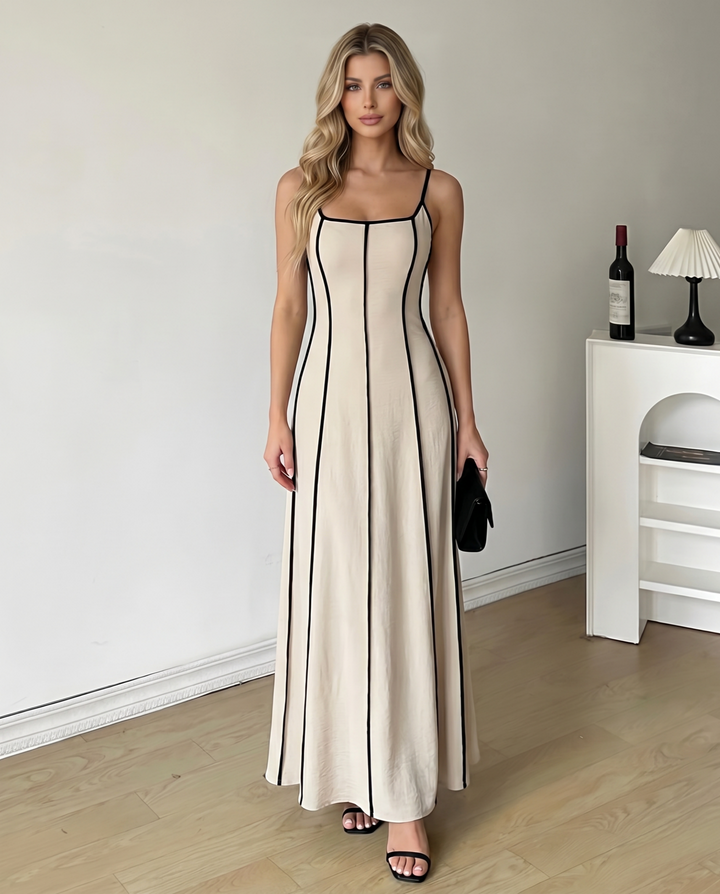 SOLACE  Cream Black Contrast Piping Spaghetti Strap Maxi Dress 