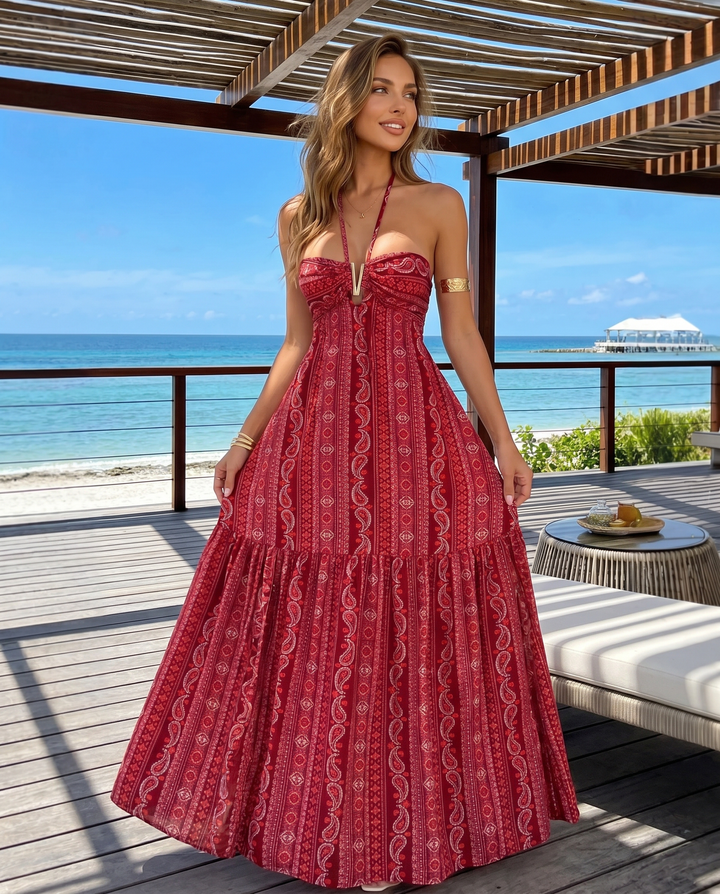 Red Paisley Striped Halter V Metal Ring Maxi Dress