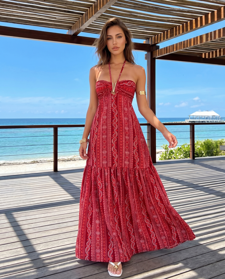 Red Paisley Striped Halter V Metal Ring Maxi Dress