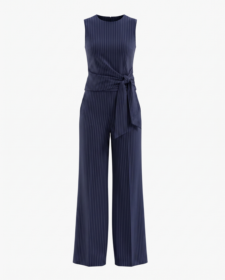 Navy Pinstripe Sleeveless Wrap Top Wide Leg Pants Set