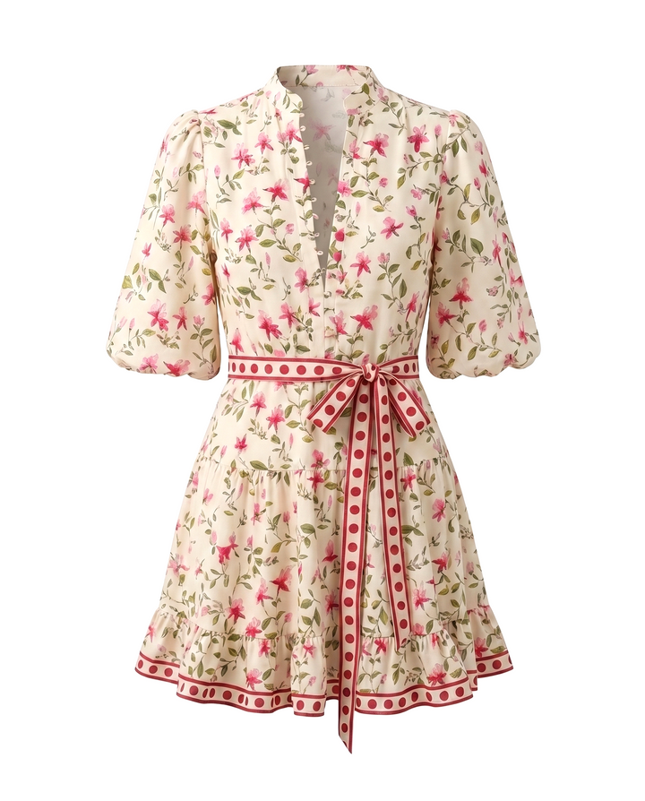 Floral Print Linen Blend Puff Sleeve Mini Dress