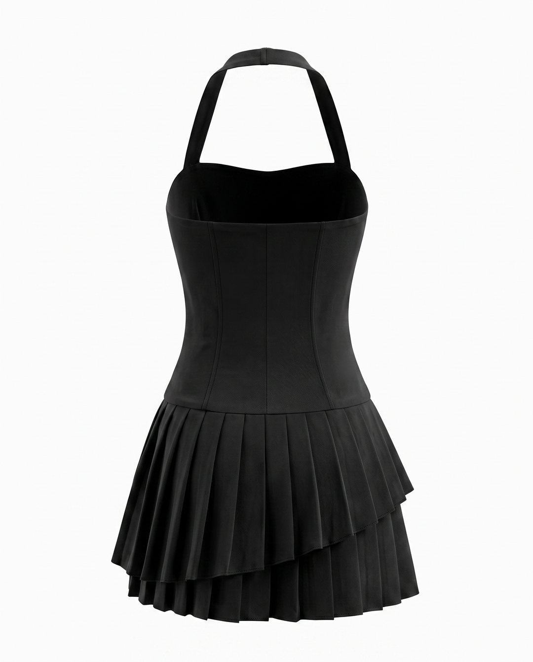 Black Halter Neck Corset Mini Dress With Layered Pleated Hem