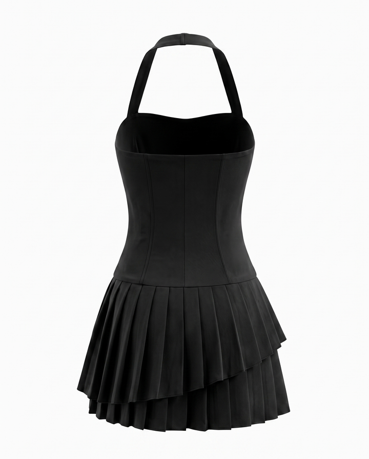 Black Halter Neck Corset Mini Dress With Layered Pleated Hem