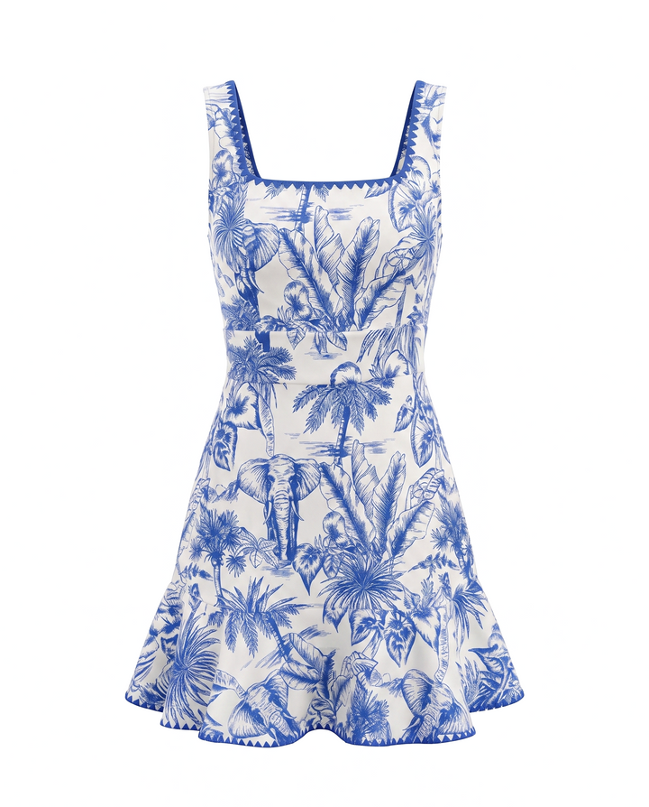 Tropical Print Square Neck Sleeveless Mini Dress