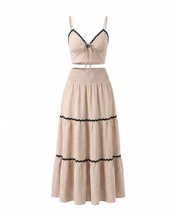 Beige Ric Rac Trim Crop Top Tiered Maxi Skirt Set