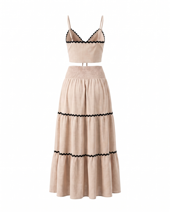 Beige Ric Rac Trim Crop Top Tiered Maxi Skirt Set