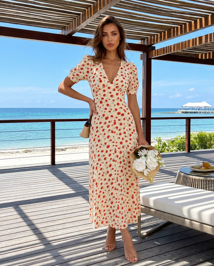 Red Ditsy Floral Deep V Neck Puff Sleeve Midi Dress