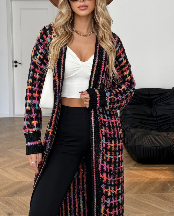 Oversized Checkered Tassel Hem Maxi Knit Cardigan