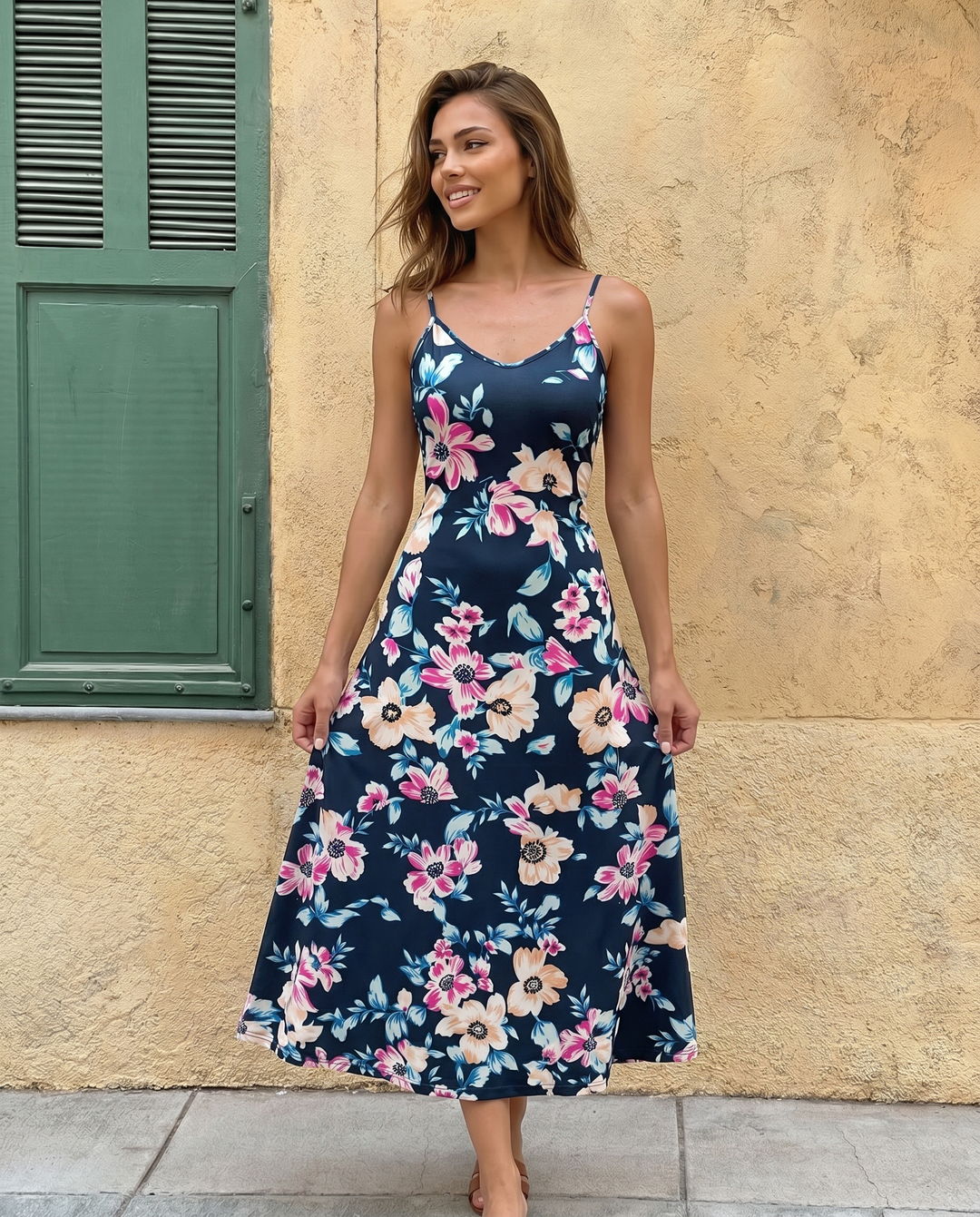 SOLACE  Dark Floral Print V-Neck Spaghetti Strap Maxi Dress 