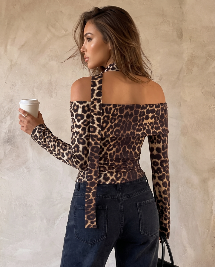 Leopard Off‑Shoulder Halter Tie Long Sleeve Crop Top