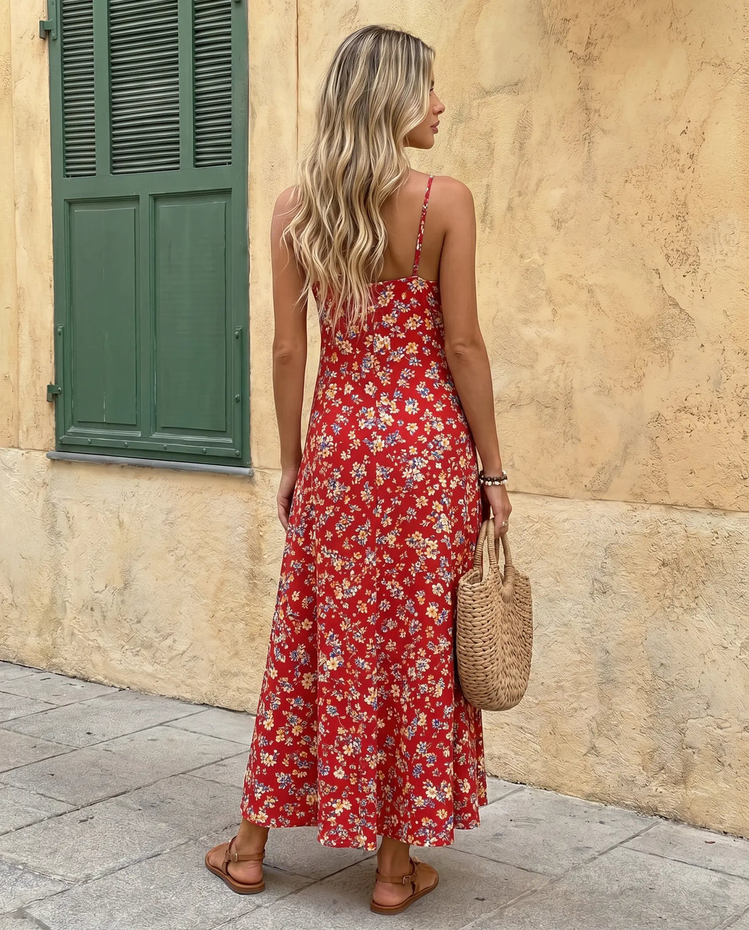 SOLACE  Red Floral Print V-Neck Spaghetti Strap Maxi Dress 